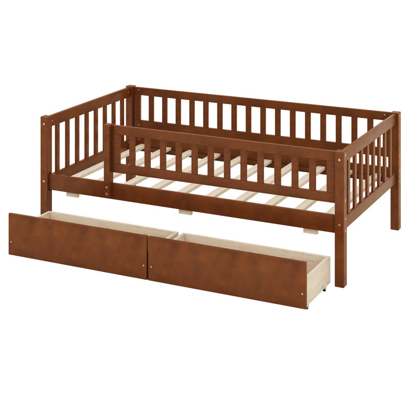 Bed Wood Bed with Two Drawers, White, Twin