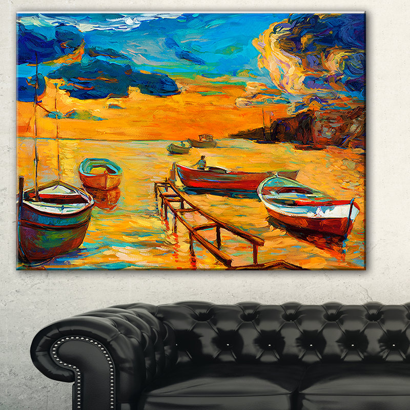 «Bateaux dans une belle mer», reproduction de peinture à l'huile sur toile, H 20 po x l 20 po x P 1 po
