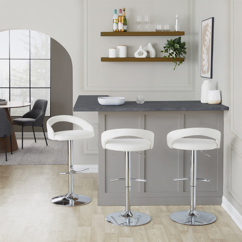 Adjustable Barstool In Chrome Metal And  Velvet With Rounded T Footrest - Set Of 2, Chrome, White