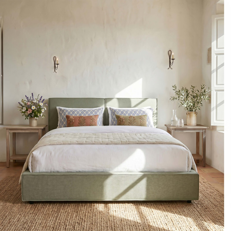 Cadre de lit plateforme capitonné moderne pour lit queen size, recouvert de lin synthétique bicolore, tête de lit avec coutures de biscuits haut de gamme.