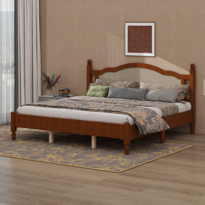 Lit plateforme en bois avec tête de lit en rotin naturel, cadre de lit vintage avec sommier à lattes en bois, format King