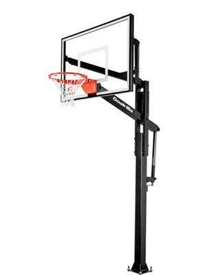 Panier de basketball avec support en verre trempé, cadre anodisé noir et système d'ancrage au sol