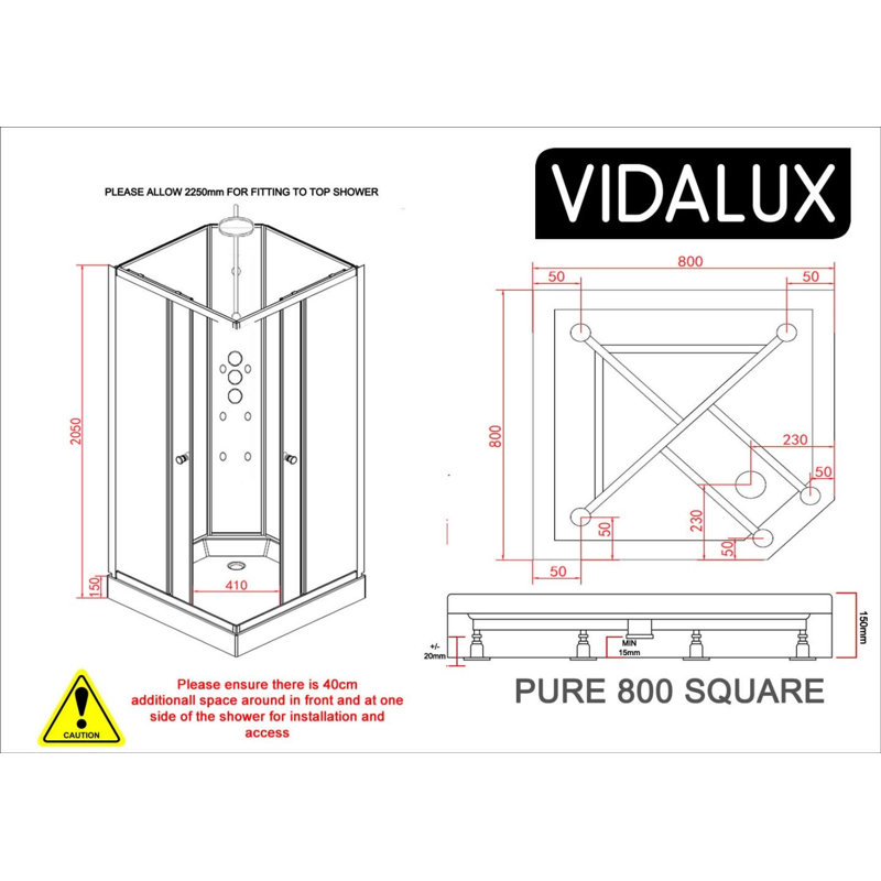 Vidalux Pure Square Hydro Shower, 230cm H x 80cm W x 80cm D, White