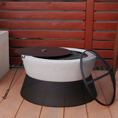 Foyer extérieur rond en béton au feu de bois, base en céramique MGO résistante à la chaleur de 23,23 po avec barbecue, foyer extérieur, barbecue dans la cour arrière, rassemblements extérieurs