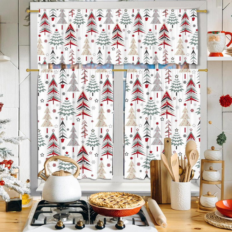 Rideaux de cuisine Joyeux Noël pour fenêtres, décorations de sapin de Noël, cantonnières, ensemble rideaux et cantonnières sapin d'hiver, décoration de Noël