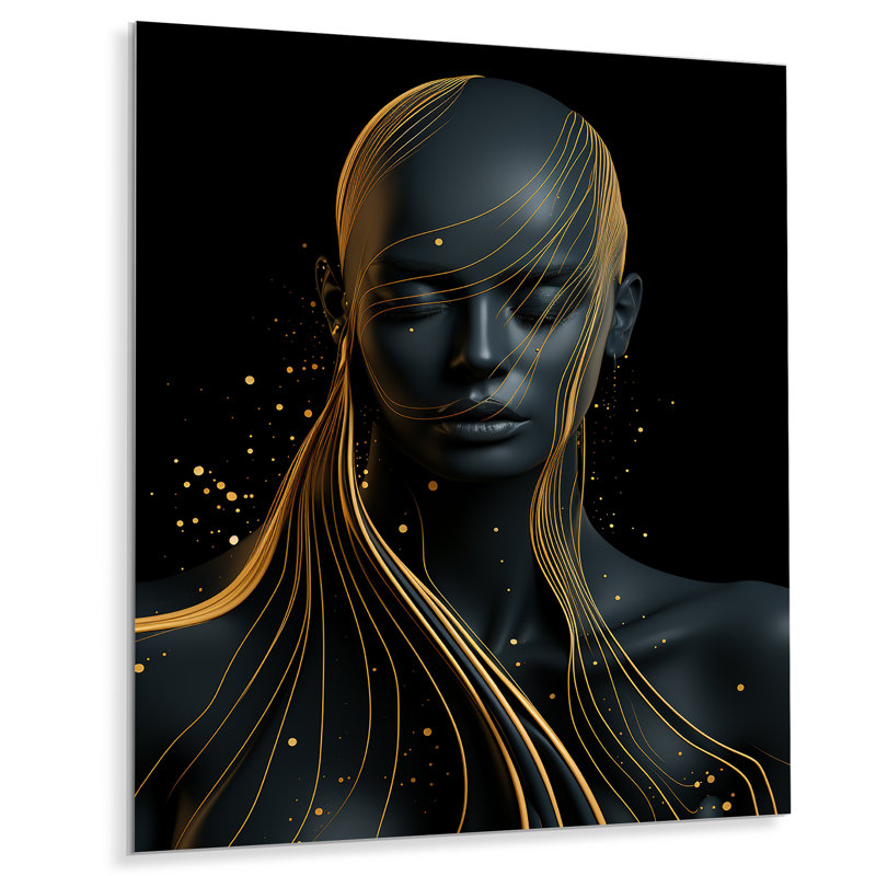 Céleste femme dorée et noire, portrait IV - mode, art en métal, H 40 po x l 30 po x P 1,5 po