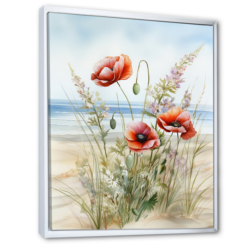 Impression sur toile, "Coquelicots rouges sur la plage", H 32 po x l 16 po x P 1 po, Cadre flottant blanc