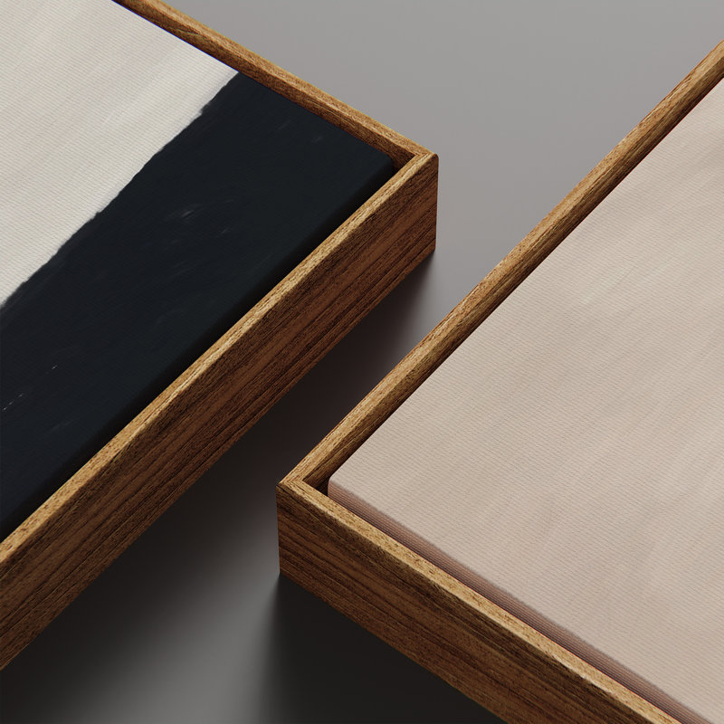 Large Framed Canvas Wall Art Set of 2 - Abstract Mid Century Modern Black And Beige Prints - 60"x20"x2pcs, Natural