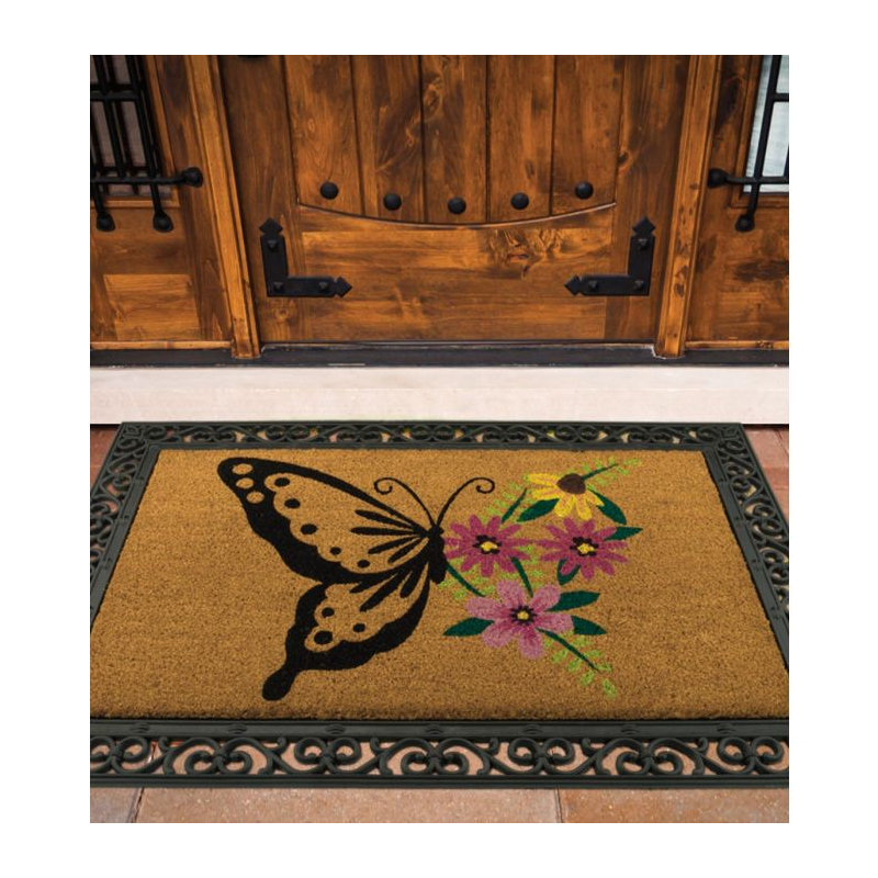 Paillasson d'extérieur antidérapant en fibre de coco naturelle avec bordure décorative et surface en fibre texturée résistante aux intempéries