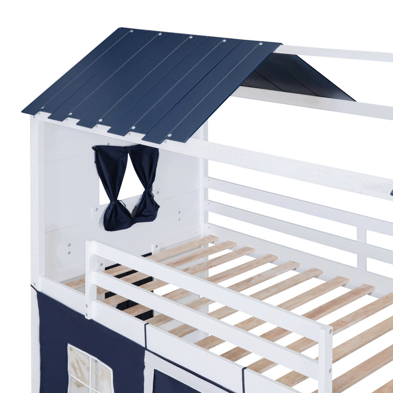 Lit simple superposé en bois avec fenêtres élégantes, rebords et tente, bleu et blanc