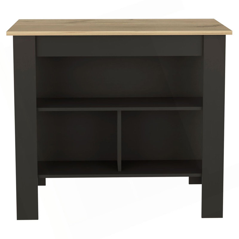 Kitchen Island, Kitchen Table 35" H, Four Legs, Three Open Storage Shelves, Natural/Black