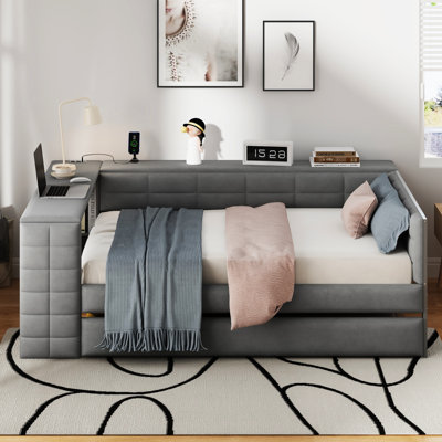 Gray Full Size Upholstered Bed With Storage Shelves, Desk, 2 Ports And Trundle For Comfortable Functional Bedroom Platform In Color Storage, Charging Station Relaxing