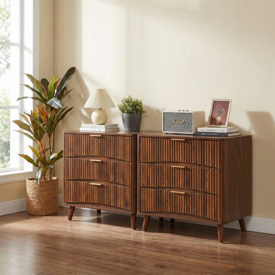 31.6'' Fluted Nightstand Set Of 2 With 3 Drawer,Mid-Century Modern Night Stand Bedside Table