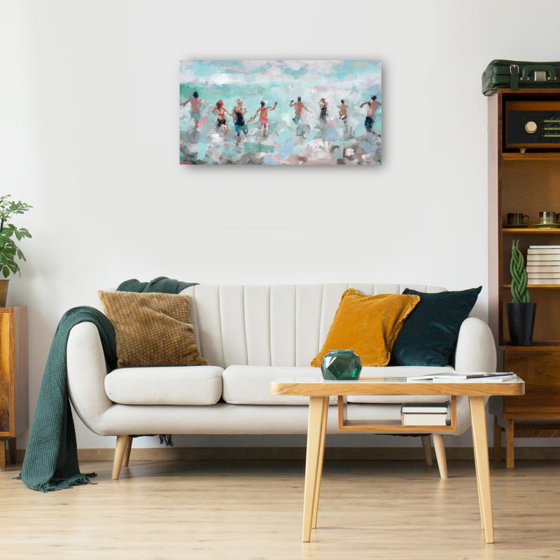 Splash by Studio Arts, 21x40", Large Playful People Splashing in Shallow Surf Canvas Wall Art Print, 21" H x 40" W x 1.5" D