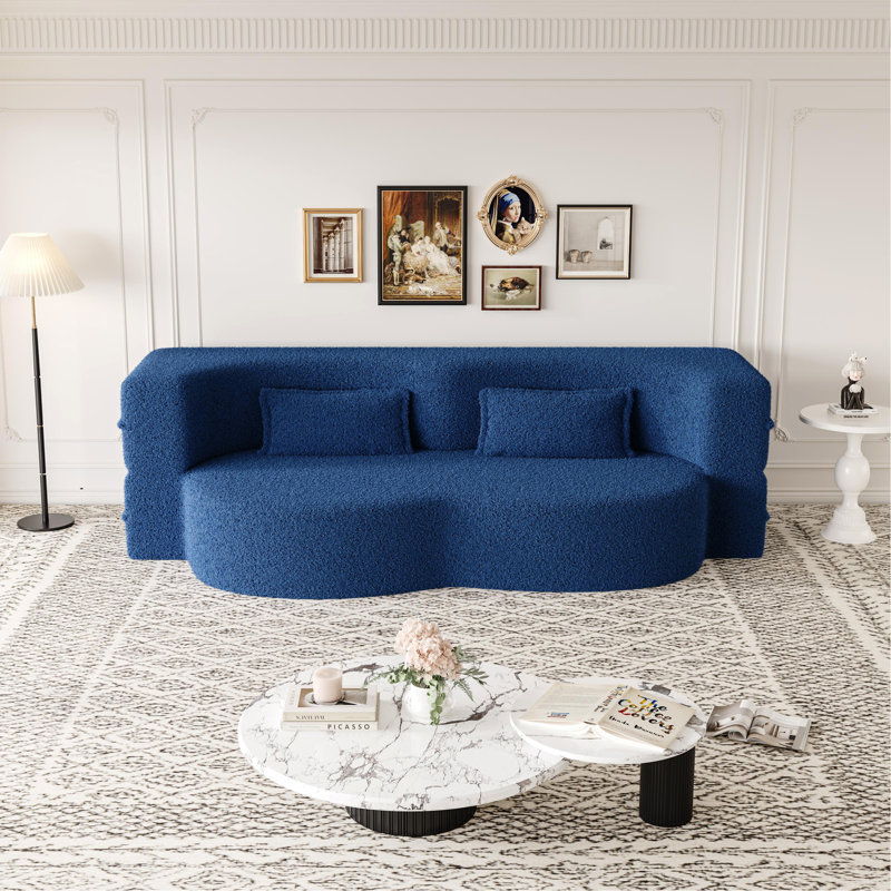 Canapé-lit moderne avec 2 coussins, canapé-lit convertible en tissu rembourré de mousse, matelas pliant double de 15 po pour le salon, lit d'invité, salle de jeux, aucun assemblage requis, bleu