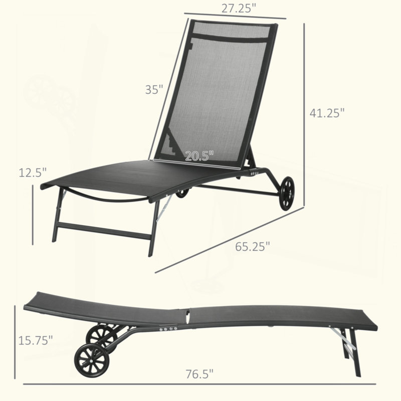Chaise Lounge Outdoor, 2 Piece Lounge Chair With Wheels, Tanning Chair With 5 Adjustable Position For Patio, Beach, Yard, Pool