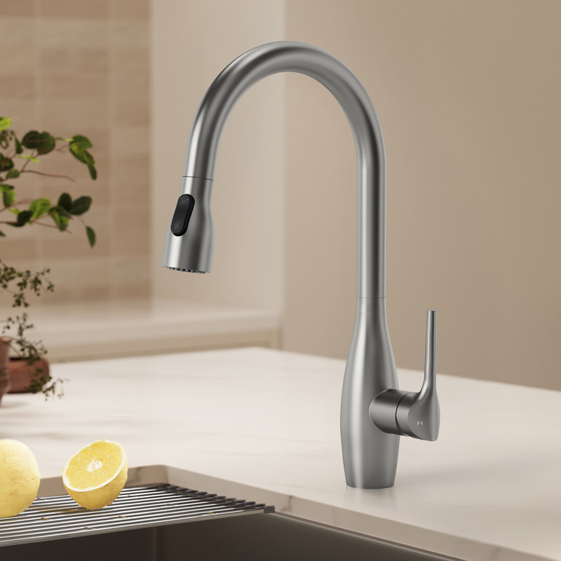  Dual-Function Single-Handle Pull-Down Kitchen Faucet with 360° Swivel Spout, Stainless Steel