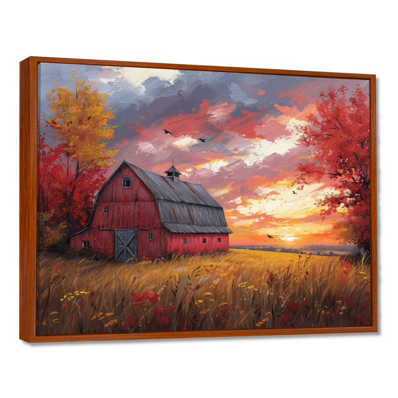 «Autumn Red Barn Breeze II» - reproduction d'art murale grange, Toile avec cadre flottant brun, H 12 po x l 20 po x P 1 po