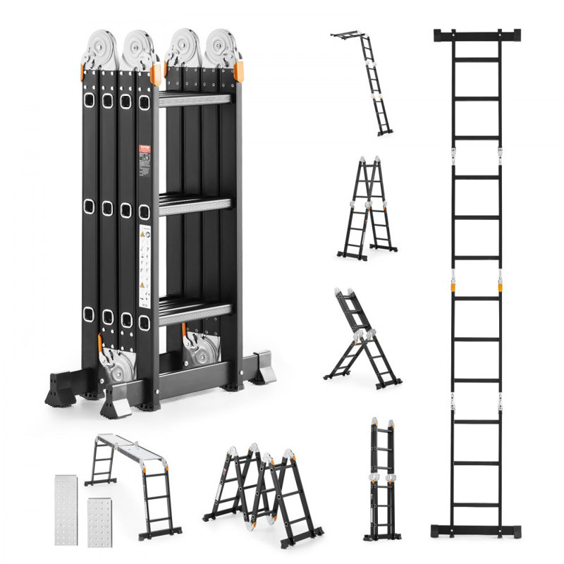 Échelle pliante multi-usages 7-en-1 à 4 marches pour travailler, 12 pi, Noir