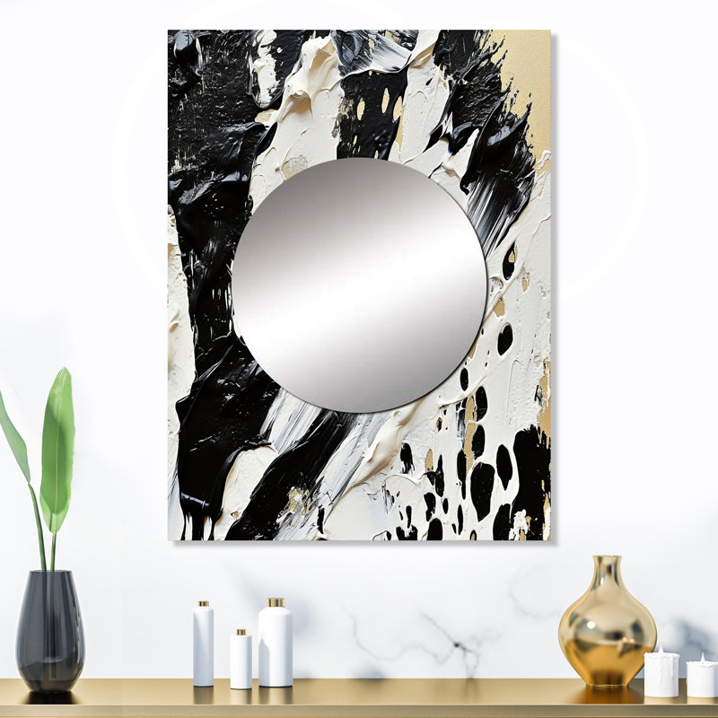 Appley Black And White Paint Stroke Fight - Abstract Shapes Decorative Mirror, White Wall Mirror, Printed Metal Art