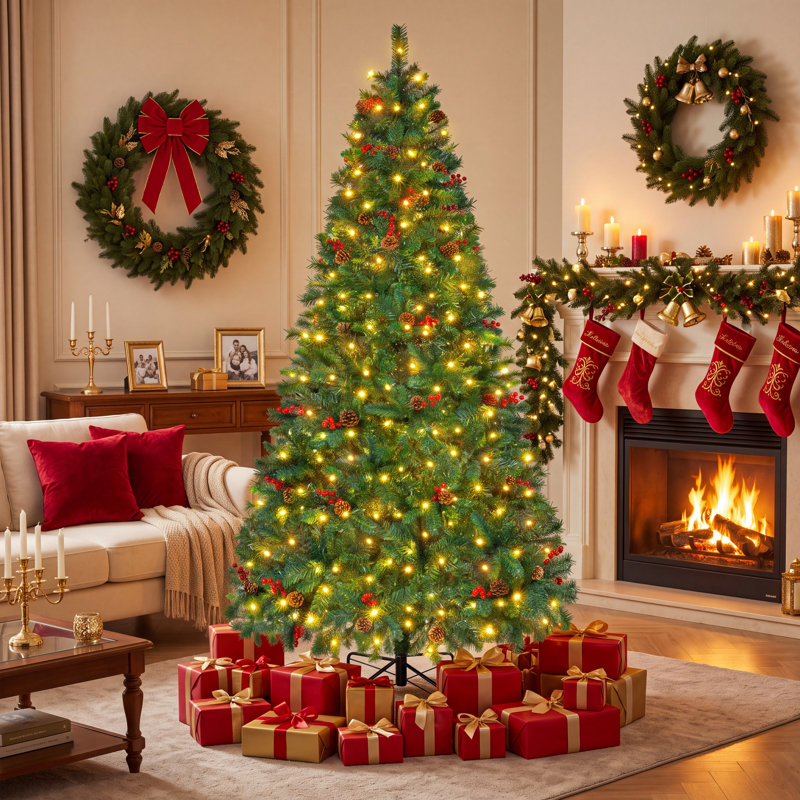 Arbre de Noël artificiel illuminé 6 pi, pin vert 825 pointes avec 250 DEL 11 modes, 6 pi