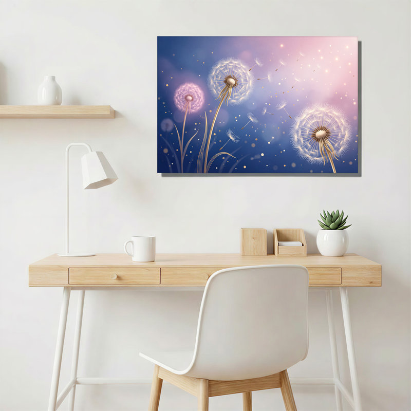 Art mural sur toile, têtes de pissenlit blanches sur fond de ciel bleu et rose, H 32 po x l 48 po