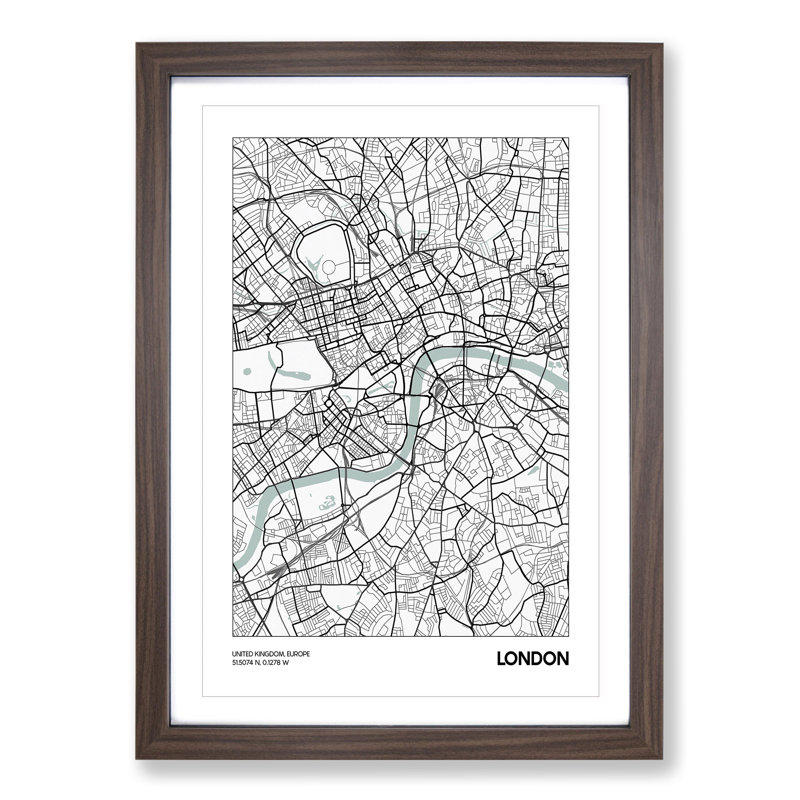 Map London UK - Framed Print, 90cm H x 65cm W x 2cm D, Walnut
