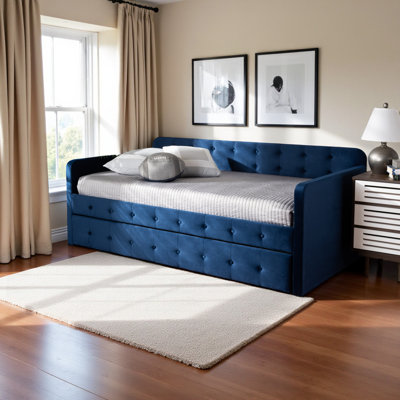 Isle in Velvet Fabric Upholstered and Button Tufted Daybed with Trundle in Modern and Contemporary Transitional Style by Everly Quinn