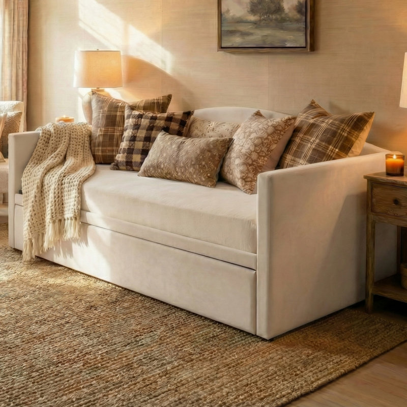Upholstered Daybed With Trundle – Slat Support, Beige