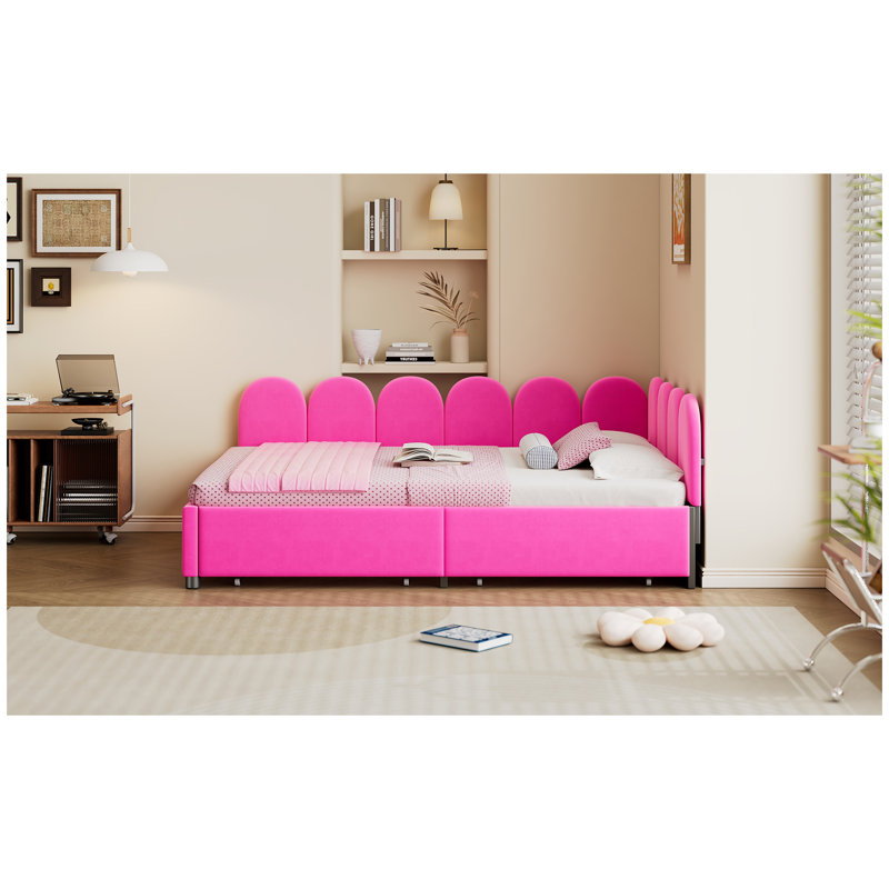 Canapé-lit en velours avec tête de lit en tissu doux, Double, Rouge rosé