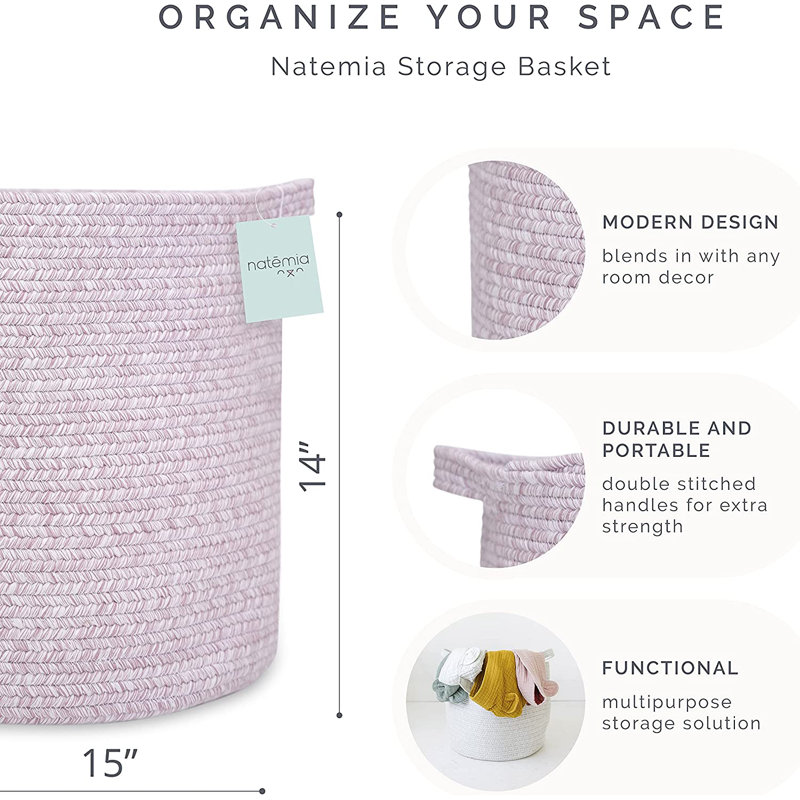 Laundry Cotton Basket, 14" H x 15" W x 15" D, Pink