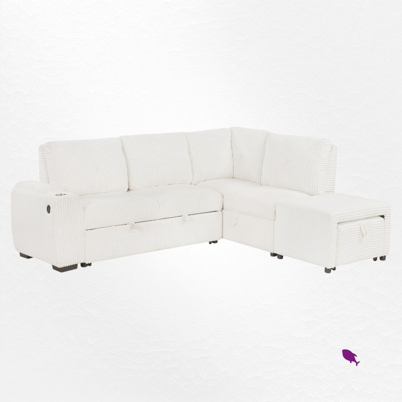 Canapé-lit modulaire rembourré avec repose-pieds et rangement, Velours côtelé blanc crème
