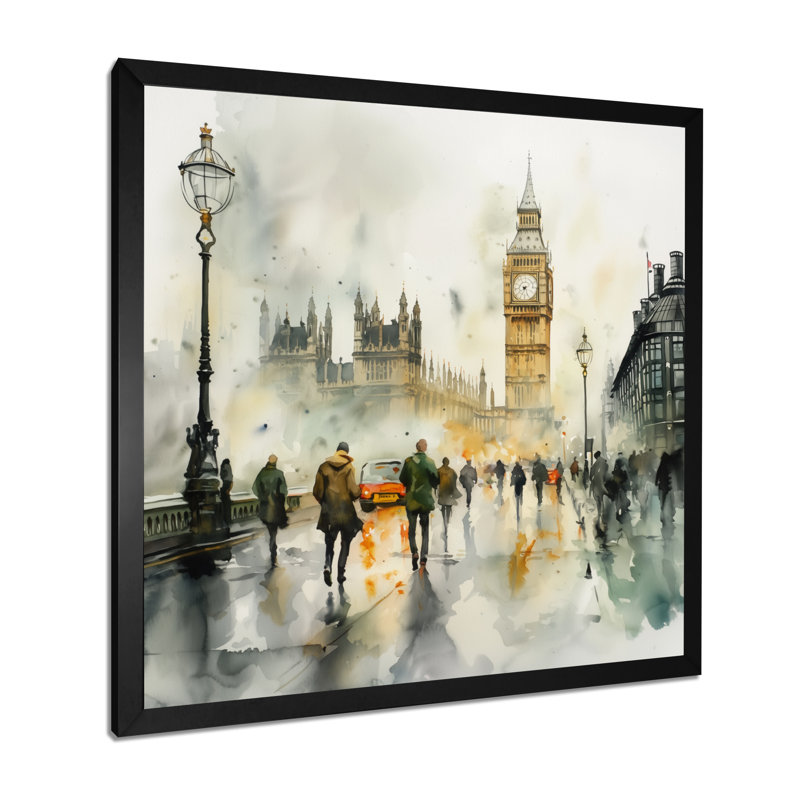 Vue pluvieuse de Big Ben à Londres II - décoration murale City London, Reproduction encadrée, H 30 po x l 30 po, Noir