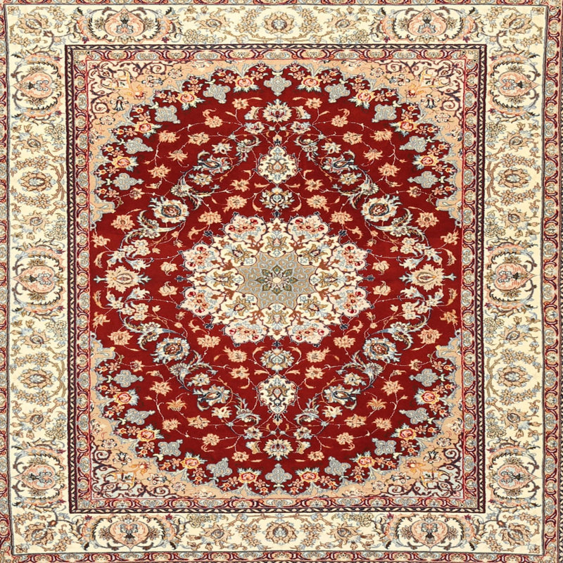 Tapis oriental en laine rouge / beige, Carré 8 pi
