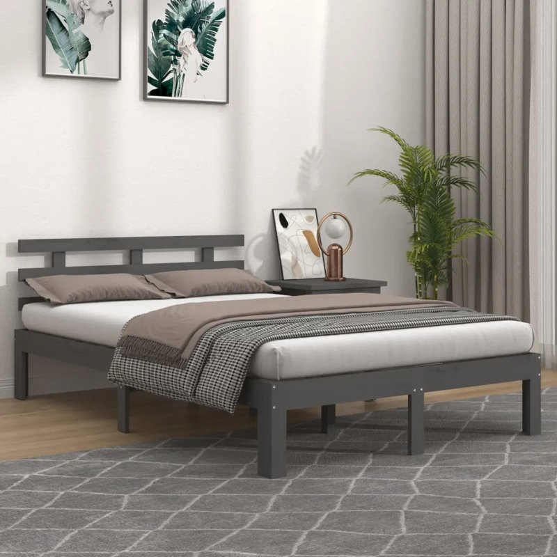 Bed Frame Solid Wood, Grey, Kingsize (5')