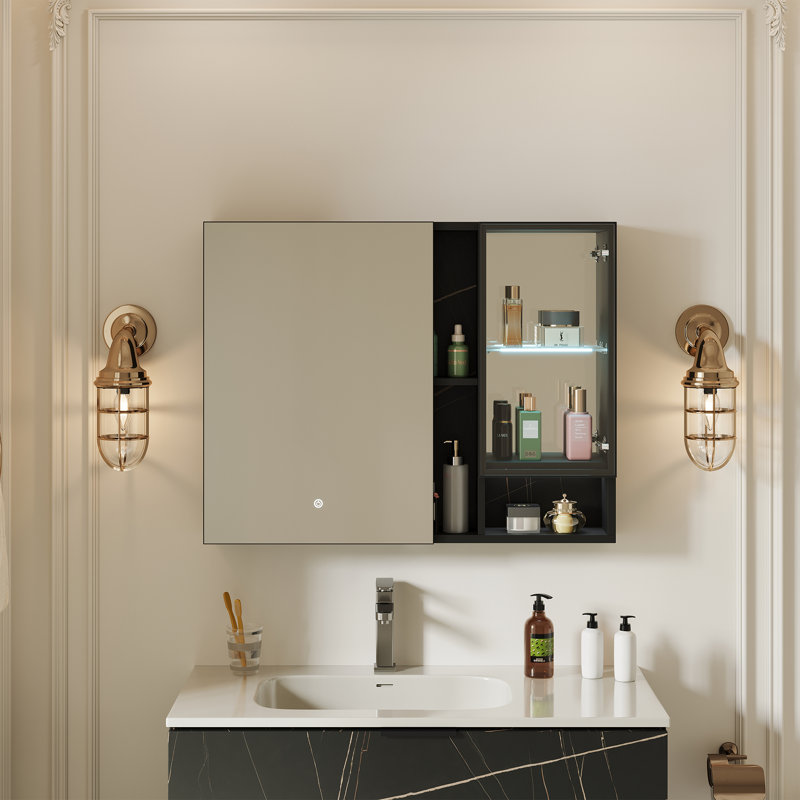 28 x 36 Inch LED Lighted Bathroom Medicine Mirror Cabinet,Black Wall-Mounted Medicine Cabinet, Easy to Install Aluminum Cabinet