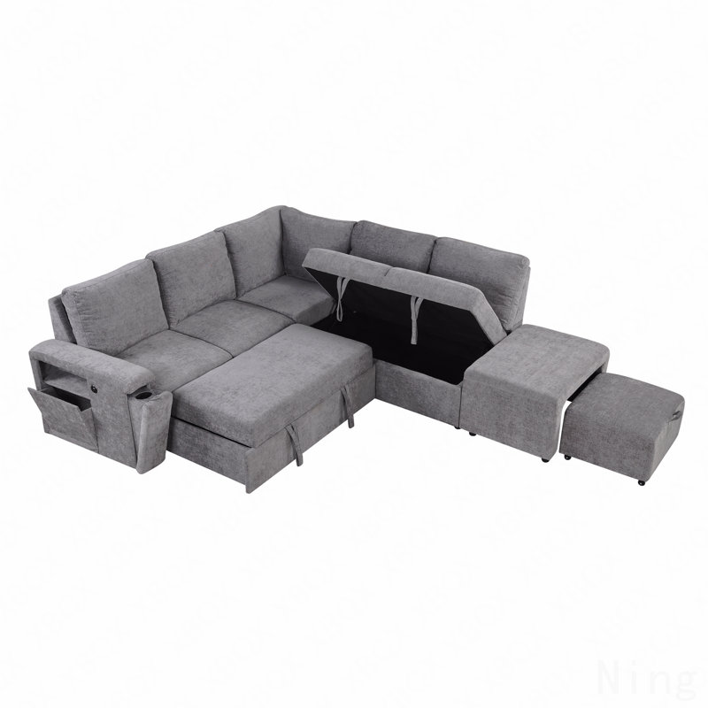 L-Shaped Padded Modular Sofa With Storage Space, Usb Ports, And Cup Holders On The Armrests, Gray Polyester