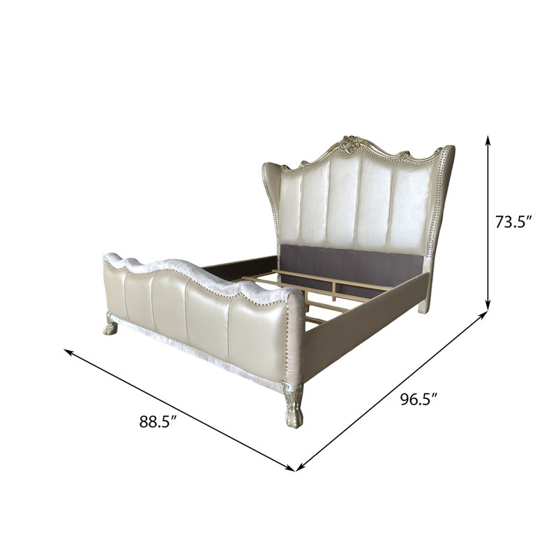 Danie Wingback Headboard Panel Bed, Pearl White Synthetic Leather & Gold Patina, California King