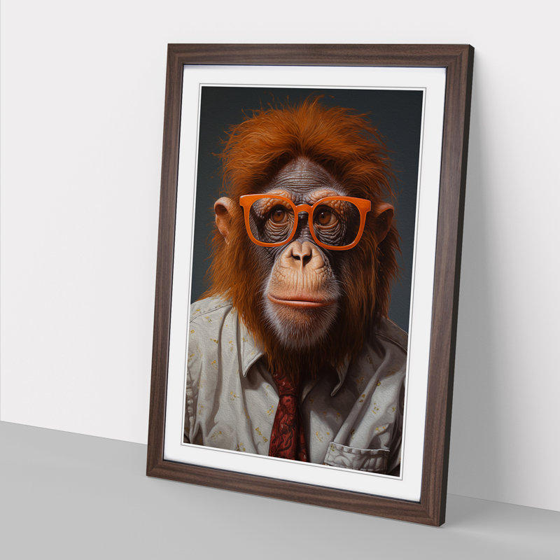 Orangutan With Glasses - Single Picture Frame Print on Wood, Walnut, 46cm H x 34cm W x 2cm D