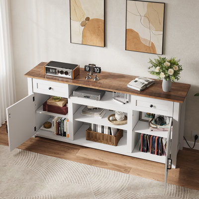 Hartin Farmhouse TV Stand for 75 inch TVs with Large Storage Cabinets & Drawers, Modern Entertainment Center with Built-in Power Outlet, Media Console with Open Shelves for Living Room