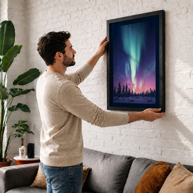 Aurora Over Silent Forest Scandinavian - Framed Print, A1 - 84.1 x 59.4 cm, Black