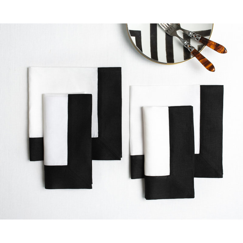 Contempo - 100% Pure Linen Dinner Napkins, Black/White