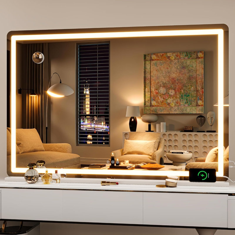 Miroir de salle de bain 50,2 "X 34" à DEL avec 3 modes de couleurs à intensité variable, commande à écran tactile, fixation murale ou de table, finition blanche