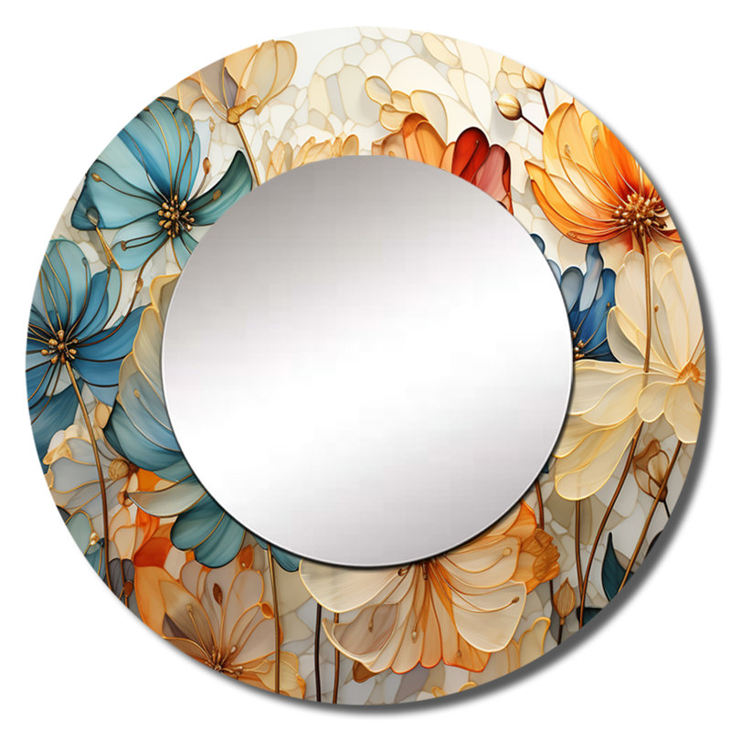 Teal Orange Petal Mosaics II - Abstract Botanicals Round Mirror Wall Decor_MTMIR63996, 29" x 29"