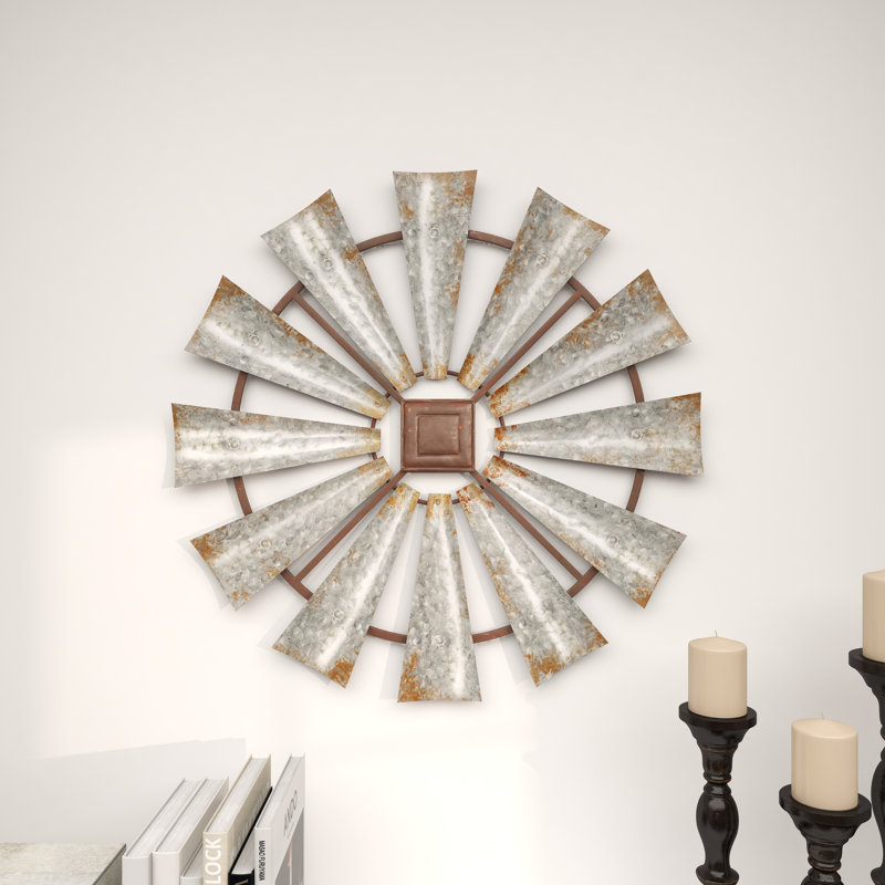 Metal Distressed Galvanized Windmill Silver Wall Decor with Rust Frame, 30" H x 30" W x 1" D