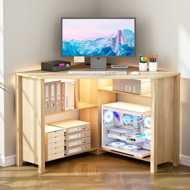 Bureau d'angle avec prises de courant et capteurs à 3 couleurs pour les petits espaces, Jaune
