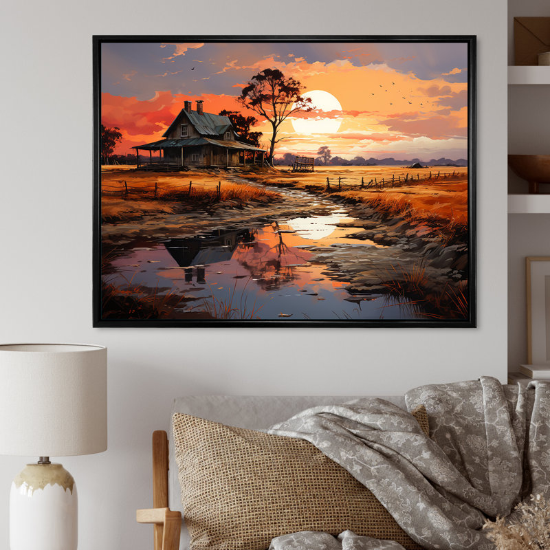 Barns Sunrise Country Charm sur toile, H 16 po x l 32 po x P 1 po, Cadre flottant noir