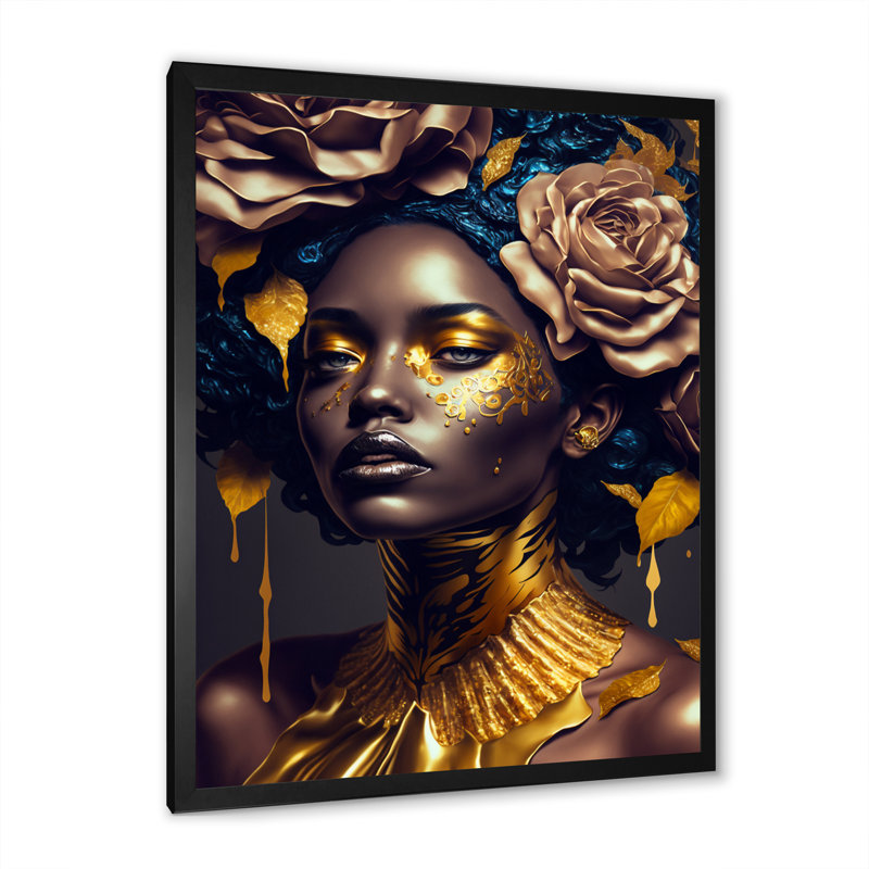 Fleurs dorées et noires de la femme VII, H 40 po x l 30 po x P 1,5 po, Impression noire sur toile encadrée