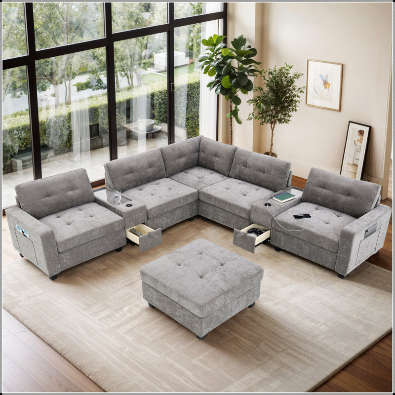 Canapé modulaire de 104 po avec plateau en acrylique, ensemble de canapé en U en chenille avec 2 consoles, chargeur USB, tiroirs et poches de rangement, repose-pieds mobile, canapé capitonné pour le salon, appartement, 2 couleurs