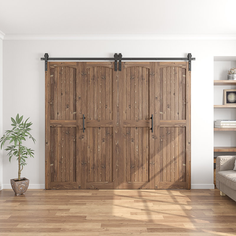 Plateau arqué assemblé de 84 po Porte de grange double pliante Knotty, 72 po x 84 po, Noyer foncé